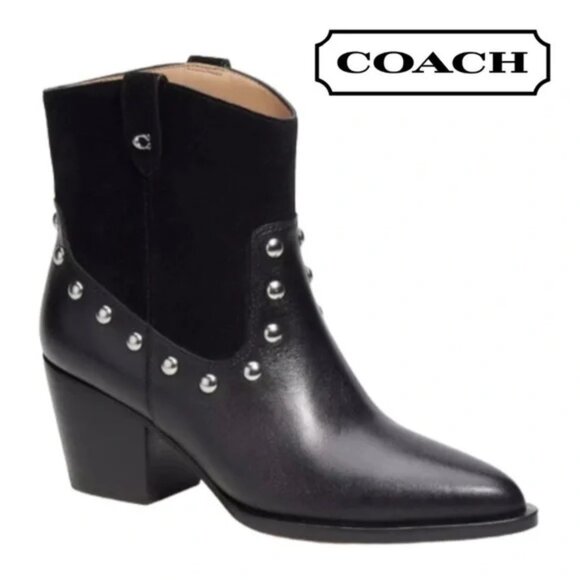 Coach Black Pauline Studded Black Leather Suede Glam Rock Cowboy Booties Boots - Picture 1 of 15